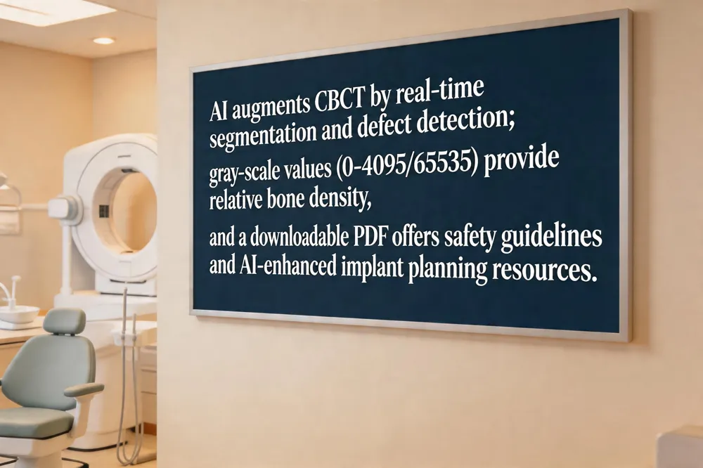AI augments CBCT by real‑time segmentation and defect detection; gray‑scale values (0‑4095/65535) provide relative bone density, and a downloadable PDF offers safety guidelines and AI‑enhanced implant planning resources.