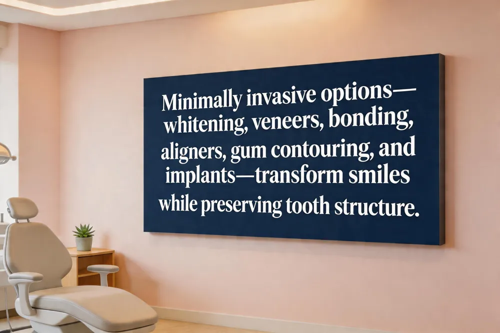 Minimally invasive options—whitening, veneers, bonding, aligners, gum contouring, and implants—transform smiles while preserving tooth structure.