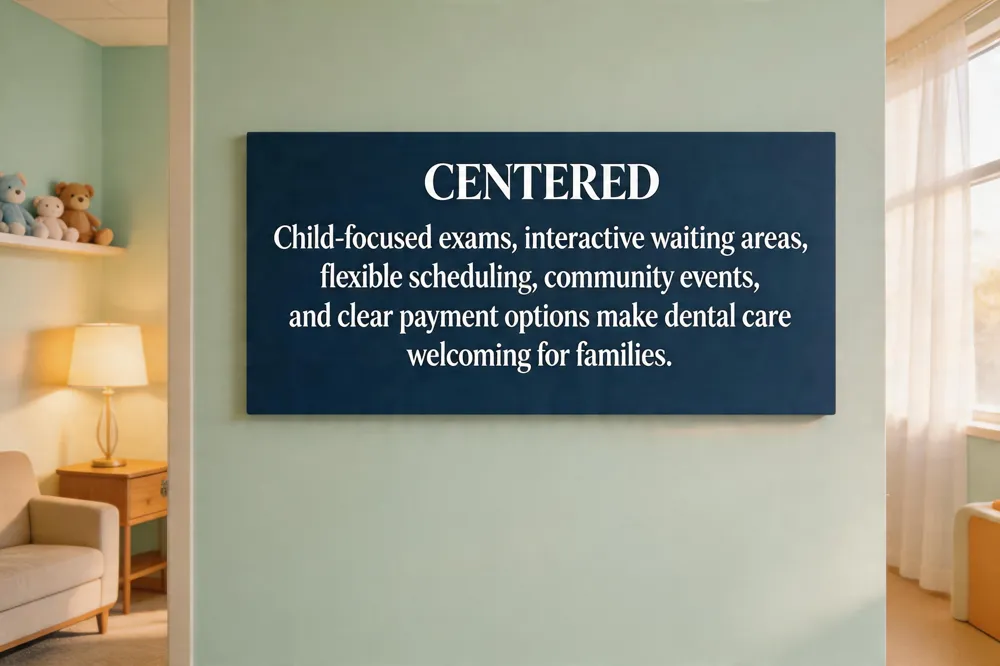 Child‑focused exams, interactive waiting areas, flexible scheduling, community events, and clear payment options make dental care welcoming for families.