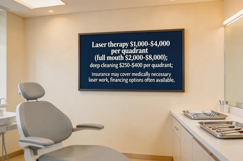 Laser therapy $1,000‑$4,000 per quadrant (full mouth $2,000‑$8,000); deep cleaning $250‑$400 per quadrant; insurance may cover medically necessary laser work; financing options often available.