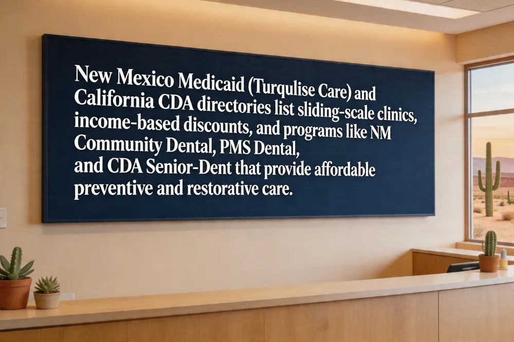 New Mexico Medicaid (Turquoise Care) and California CDA directories list sliding‑scale clinics, income‑based discounts, and programs like NM Community Dental, PMS Dental, and CDA Senior‑Dent that provide affordable preventive and restorative care.