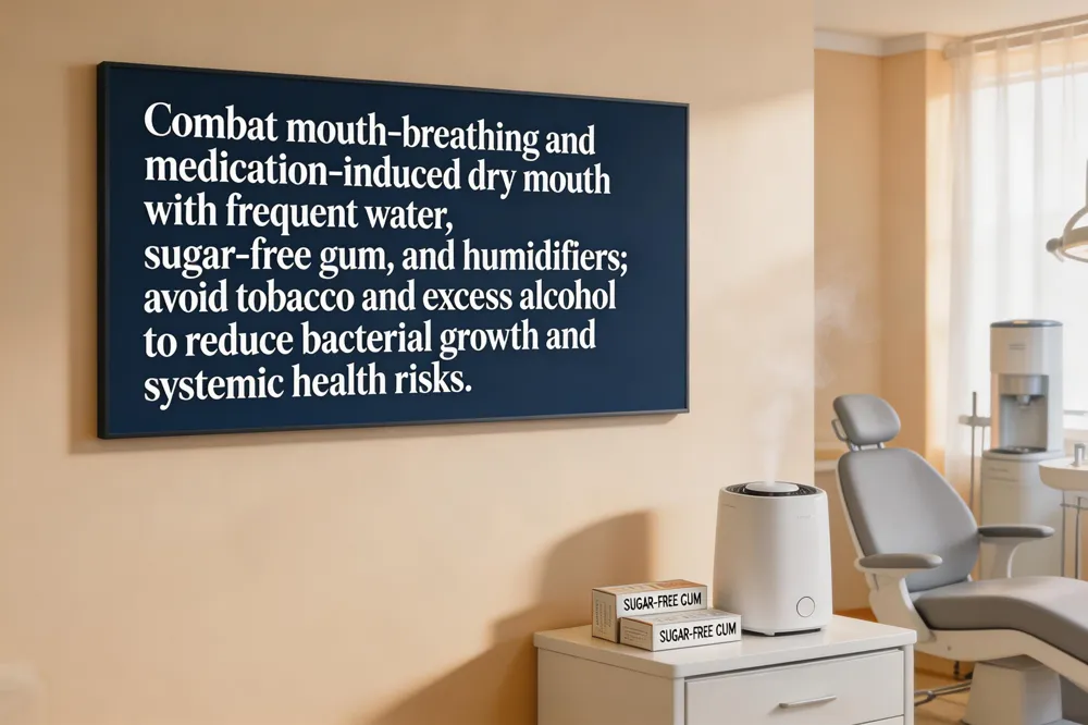 Combat mouth‑breathing and medication‑induced dry mouth with frequent water, sugar‑free gum, and humidifiers; avoid tobacco and excess alcohol to reduce bacterial growth and systemic health risks.