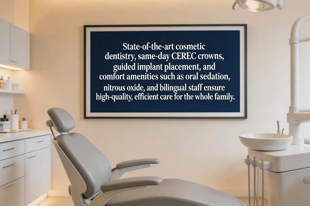 State‑of‑the‑art cosmetic dentistry, same‑day CEREC crowns, guided implant placement, and comfort amenities such as oral sedation, nitrous oxide, and bilingual staff ensure high‑quality, efficient care for the whole family.