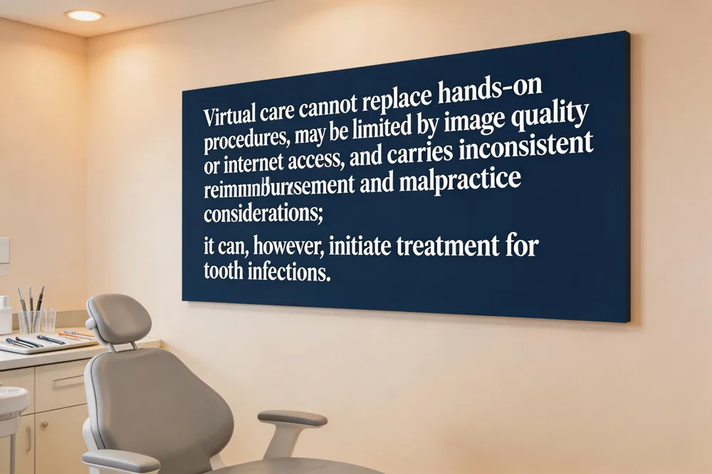 Virtual care cannot replace hands‑on procedures, may be limited by image quality or internet access, and carries inconsistent reimbursement and malpractice considerations; it can, however, initiate treatment for tooth infections.
