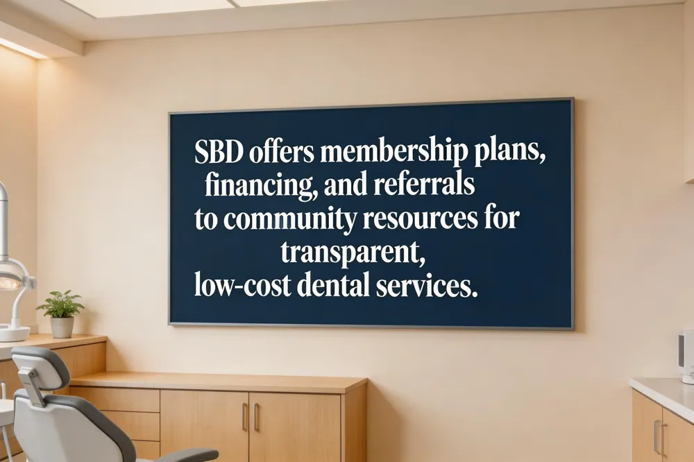 SBD offers membership plans, financing, and referrals to community resources for transparent, low‑cost dental services.