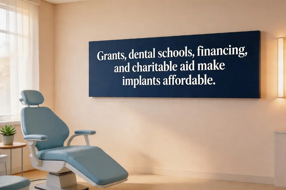 Grants, dental schools, financing, and charitable aid make implants affordable.