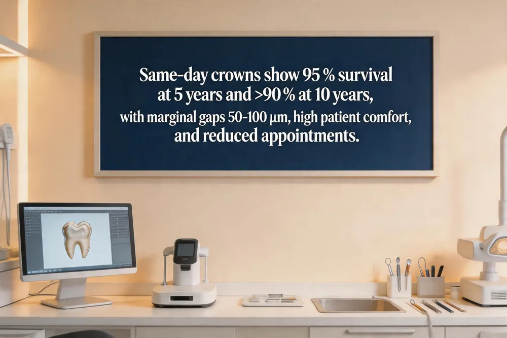 Same‑day crowns show 95 % survival at 5 years and >90 % at 10 years, with marginal gaps 50‑100 µm, high patient comfort, and reduced appointments.