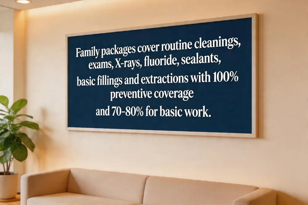 Family packages cover routine cleanings, exams, X‑rays, fluoride, sealants, basic fillings and extractions with 100% preventive coverage and 70‑80% for basic work.