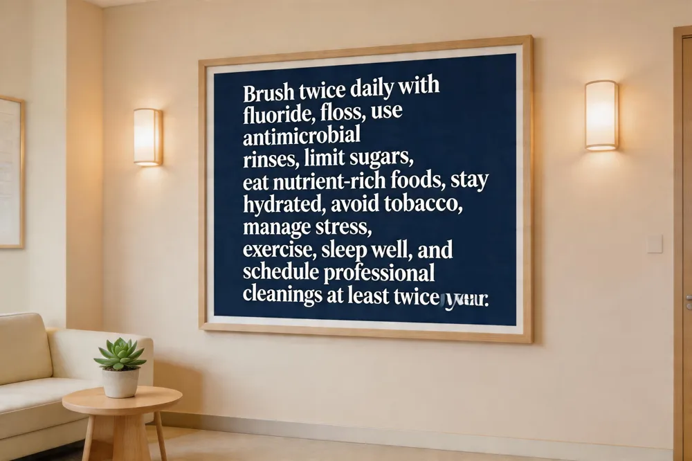 Brush twice daily with fluoride, floss, use antimicrobial rinses, limit sugars, eat nutrient‑rich foods, stay hydrated, avoid tobacco, manage stress, exercise, sleep well, and schedule professional cleanings at least twice a year.