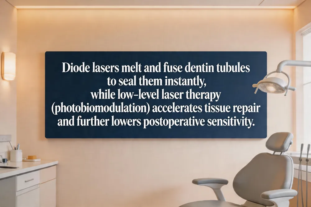 Diode lasers melt and fuse dentin tubules to seal them instantly, while low‑level laser therapy (photobiomodulation) accelerates tissue repair and further lowers postoperative sensitivity.