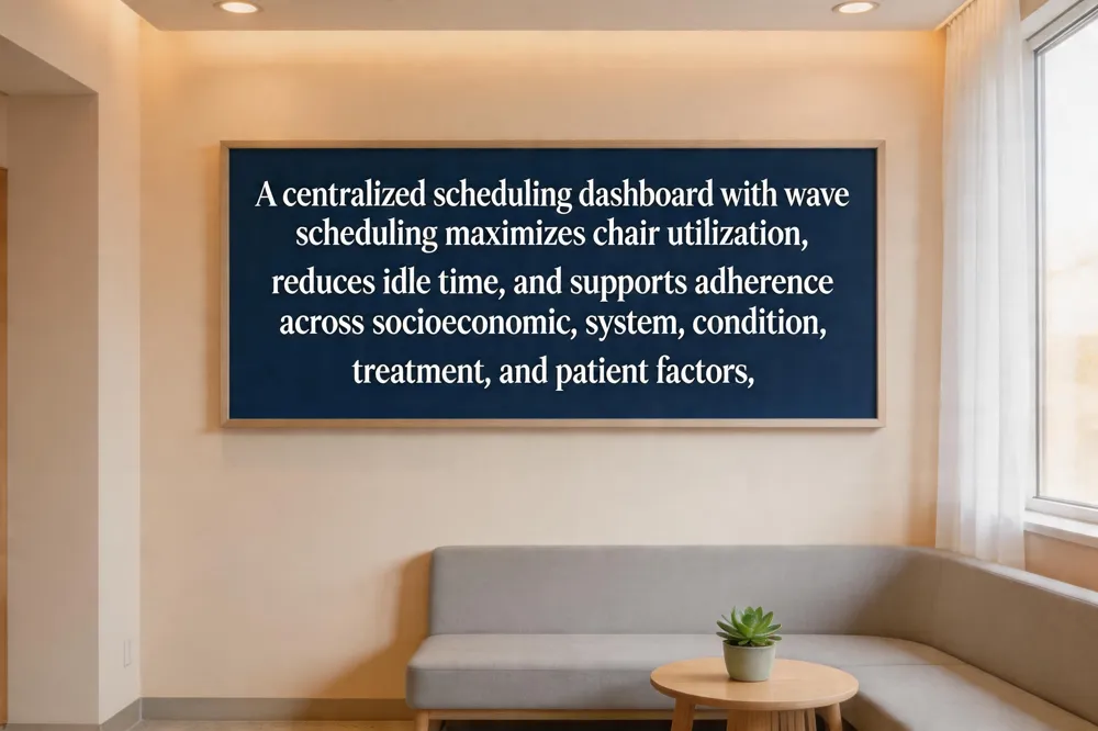 A centralized scheduling dashboard with wave scheduling maximizes chair utilization, reduces idle time, and supports adherence across socioeconomic, system, condition, treatment, and patient factors.