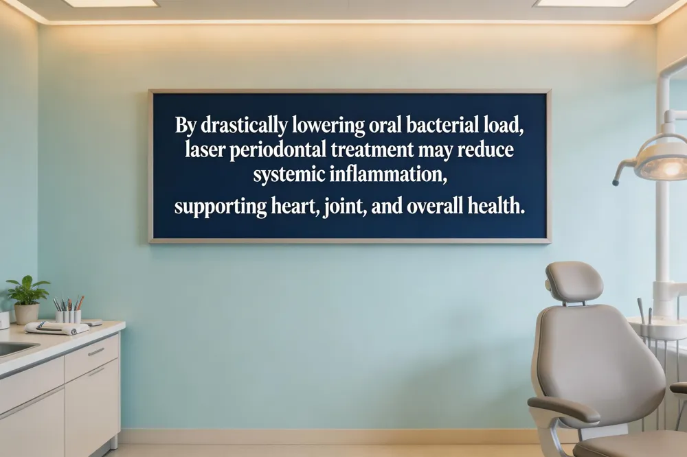 By drastically lowering oral bacterial load, laser periodontal treatment may reduce systemic inflammation, supporting heart, joint, and overall health.