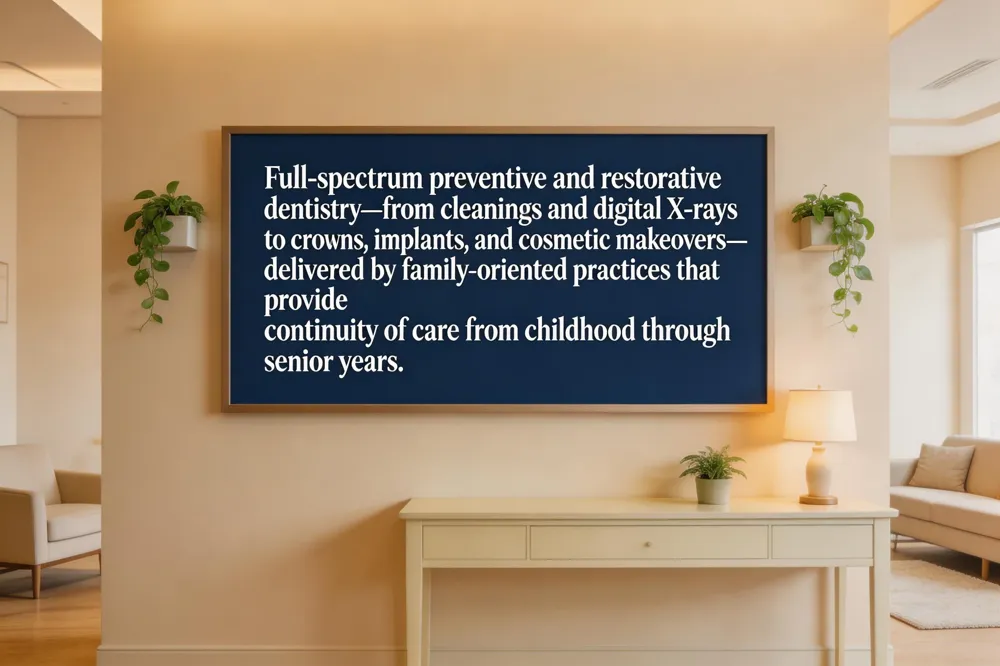 Full‑spectrum preventive and restorative dentistry—from cleanings and digital X‑rays to crowns, implants, and cosmetic makeovers—delivered by family‑oriented practices that provide continuity of care from childhood through senior years.