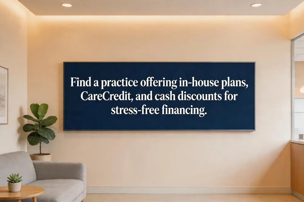 Find a practice offering in‑house plans, CareCredit, and cash discounts for stress‑free financing.