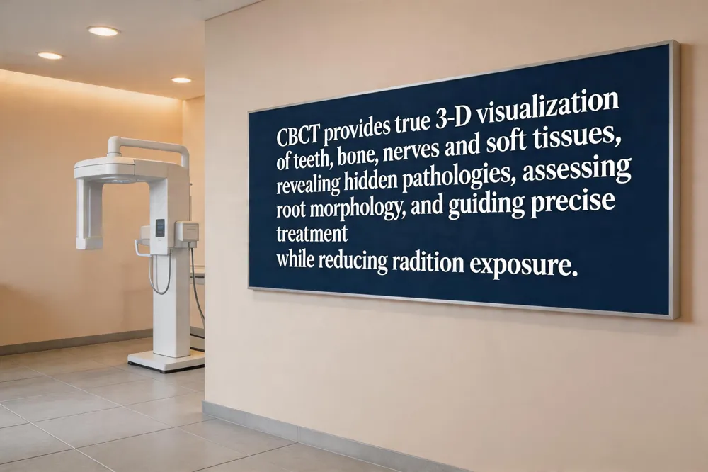CBCT provides true 3‑D visualization of teeth, bone, nerves and soft tissues, revealing hidden pathologies, assessing root morphology, and guiding precise treatment while reducing radiation exposure.