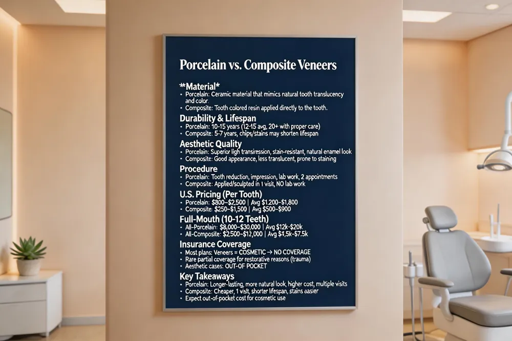 Compare porcelain and composite veneers, their lifespans, typical U.S. pricing per tooth and for full‑mouth makeovers, and note that most dental insurance does not cover these cosmetic procedures.