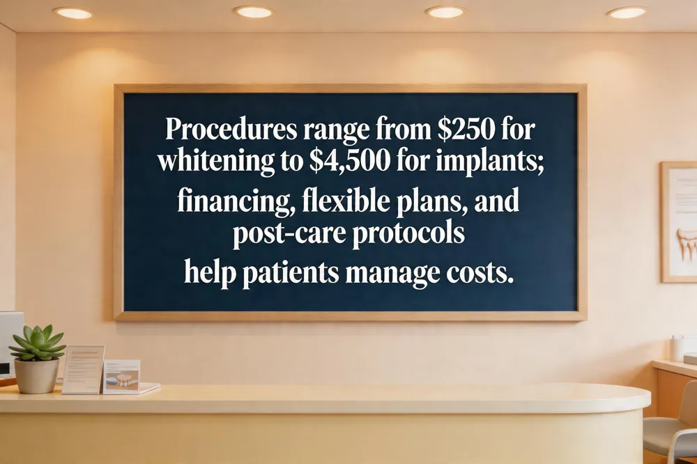 Procedures range from $250 for whitening to $4,500 for implants; financing, flexible plans, and post‑care protocols help patients manage costs.