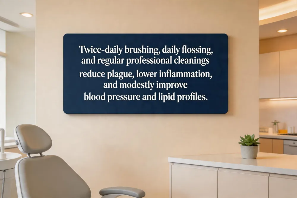 Twice‑daily brushing, daily flossing, and regular professional cleanings reduce plaque, lower inflammation, and modestly improve blood pressure and lipid profiles.