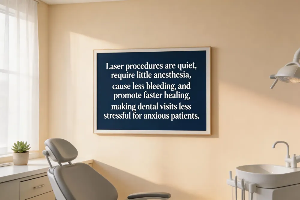 Laser procedures are quiet, require little anesthesia, cause less bleeding, and promote faster healing, making dental visits less stressful for anxious patients.