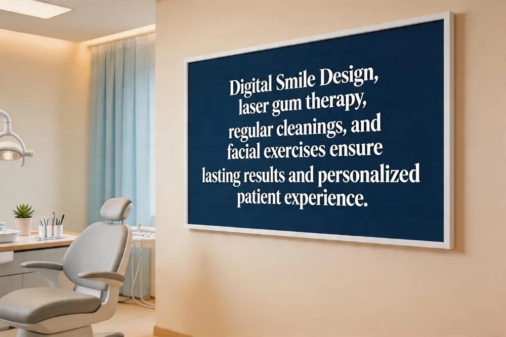 Digital Smile Design, laser gum therapy, regular cleanings, and facial exercises ensure lasting results and personalized patient experience.