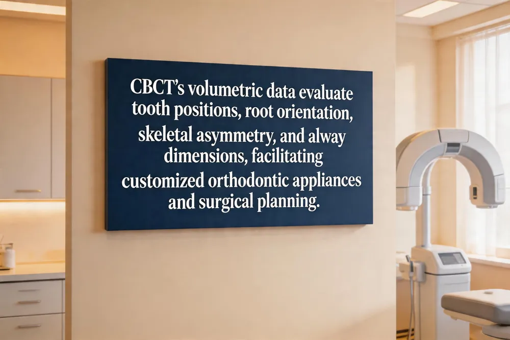 CBCT’s volumetric data evaluate tooth positions, root orientation, skeletal asymmetry, and airway dimensions, facilitating customized orthodontic appliances and surgical planning.