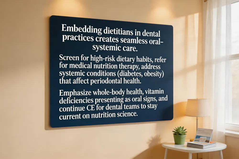 Embedding dietitians in dental practices creates seamless oral‑systemic care. Screen for high‑risk dietary habits, refer for medical nutrition therapy, and address systemic conditions (diabetes, obesity) that affect periodontal health. Emphasize whole‑body health, vitamin deficiencies presenting as oral signs, and continue CE for dental teams to stay current on nutrition science.