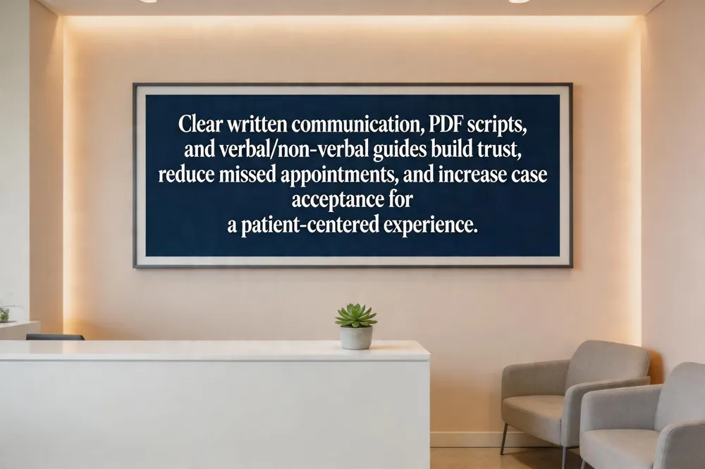 Clear written communication, PDF scripts, and verbal/non‑verbal guides build trust, reduce missed appointments, and increase case acceptance for a patient‑centered experience.