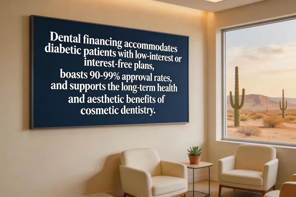Dental financing accommodates diabetic patients with low‑interest or interest‑free plans, boasts 90‑99% approval rates, and supports the long‑term health and aesthetic benefits of cosmetic dentistry.