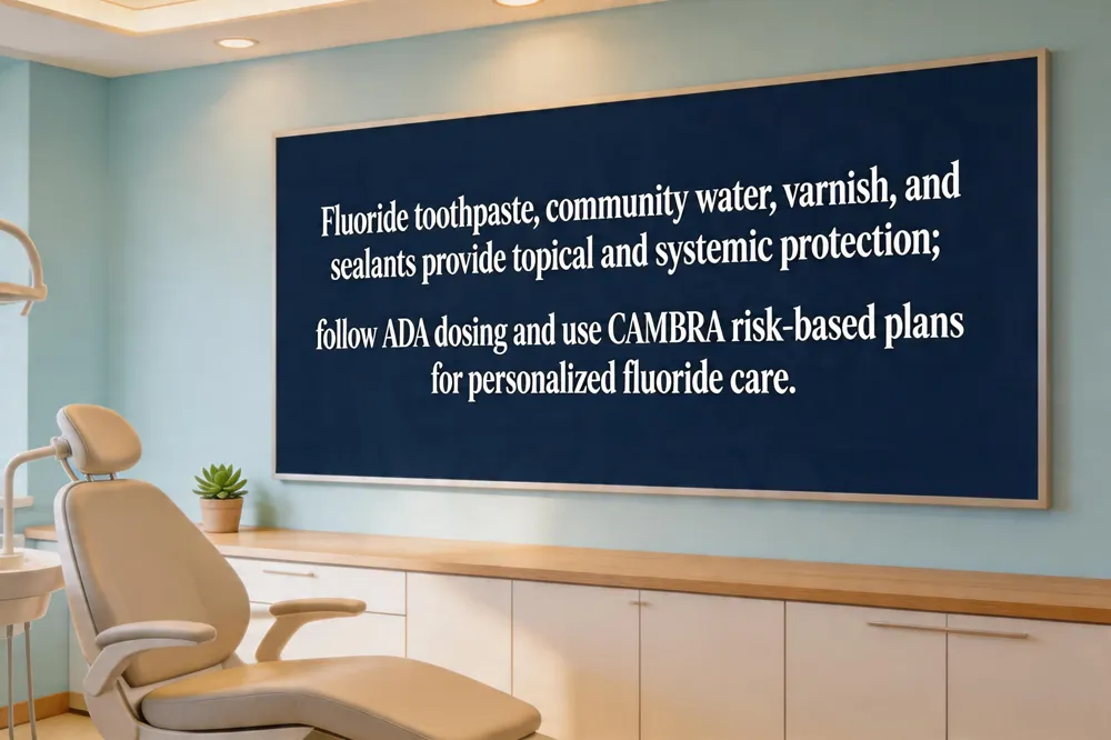 Fluoride toothpaste, community water, varnish, and sealants provide topical and systemic protection; follow ADA dosing and use CAMBRA risk‑based plans for personalized fluoride care.