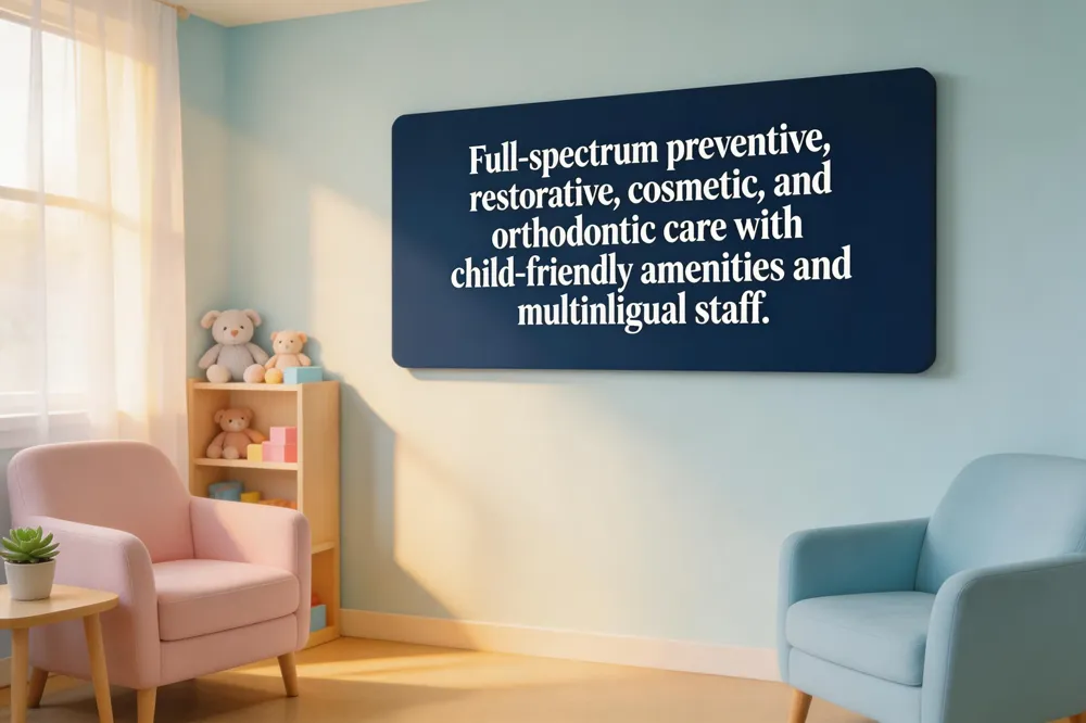Full‑spectrum preventive, restorative, cosmetic, and orthodontic care with child‑friendly amenities and multilingual staff.