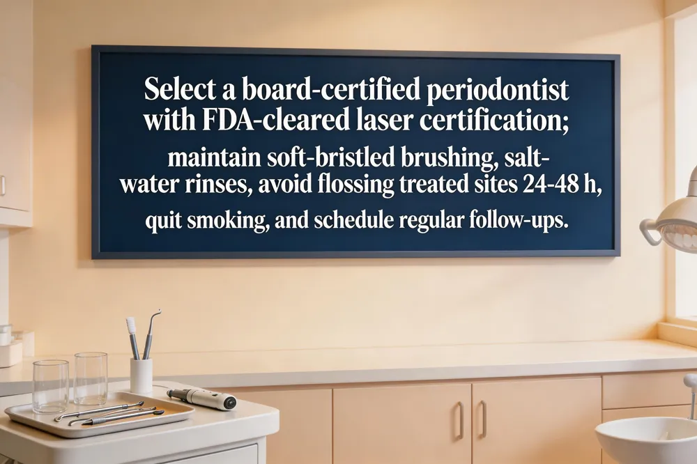 Select a board‑certified periodontist with FDA‑cleared laser certification; maintain soft‑bristled brushing, salt‑water rinses, avoid flossing treated sites 24‑48 h, quit smoking, and schedule regular follow‑ups.