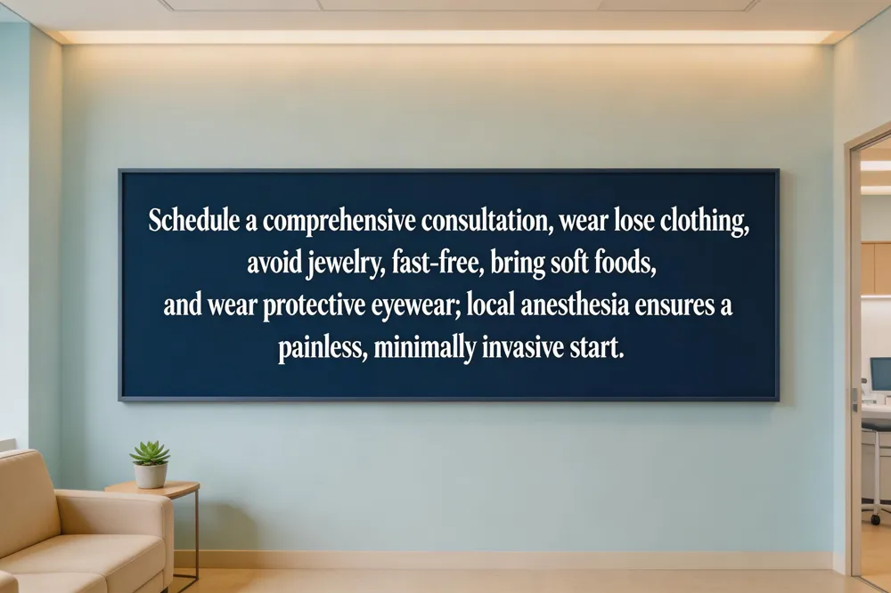 Schedule a comprehensive consultation, wear loose clothing, avoid jewelry, fast‑free, bring soft foods, and wear protective eyewear; local anesthesia ensures a painless, minimally invasive start.