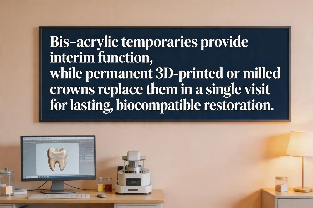 Bis‑acrylic temporaries provide interim function, while permanent 3D‑printed or milled crowns replace them in a single visit for lasting, biocompatible restoration.