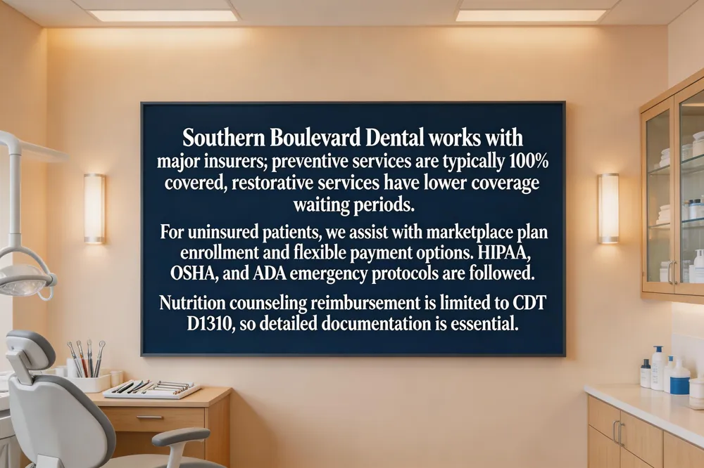 Southern Boulevard Dental works with major insurers; preventive services are typically 100 % covered, restorative services have lower coverage and waiting periods. For uninsured patients, we assist with marketplace plan enrollment and flexible payment options. HIPAA, OSHA, and ADA emergency protocols are followed. Nutrition counseling reimbursement is limited to CDT D1310, so detailed documentation is essential.