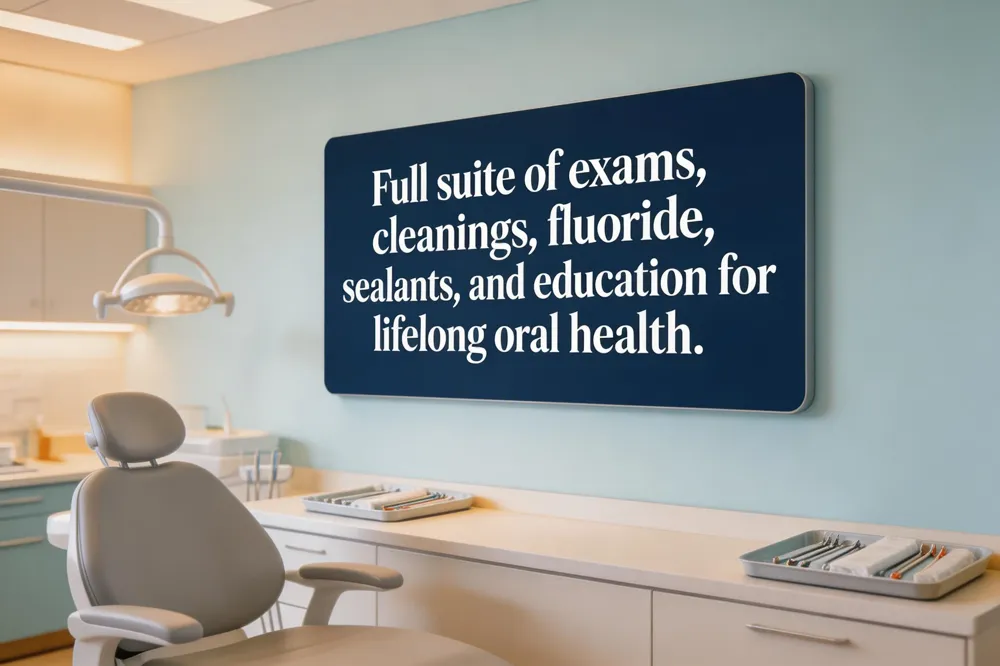 Full suite of exams, cleanings, fluoride, sealants, and education for lifelong oral health.