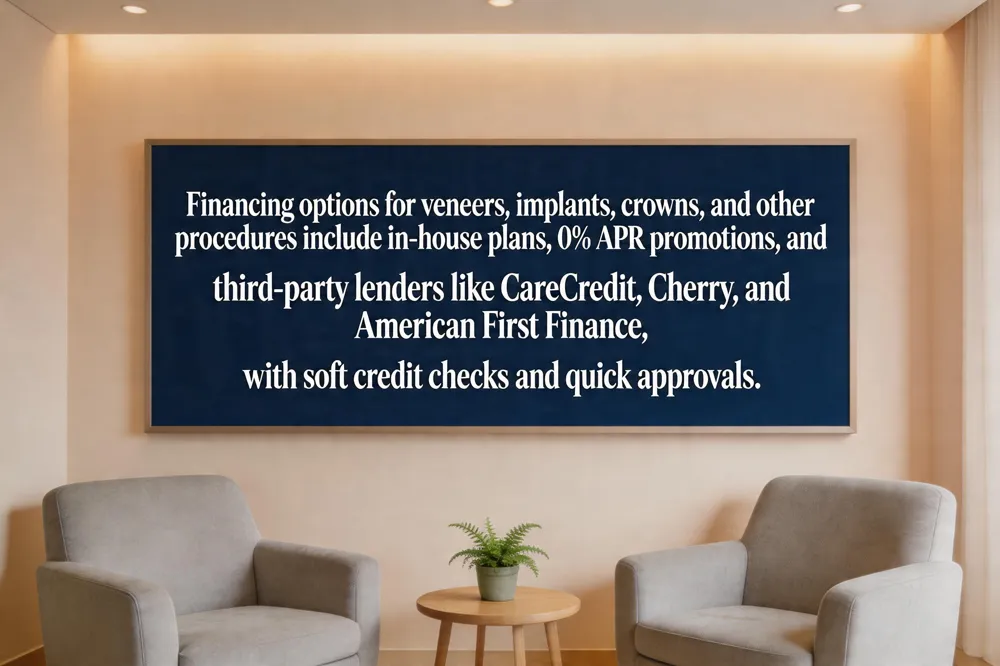 Financing options for veneers, implants, crowns, and other procedures include in‑house plans, 0% APR promotions, and‑‑party lenders like CareCredit, Cherry, and American First Finance, with soft credit checks and quick approvals.