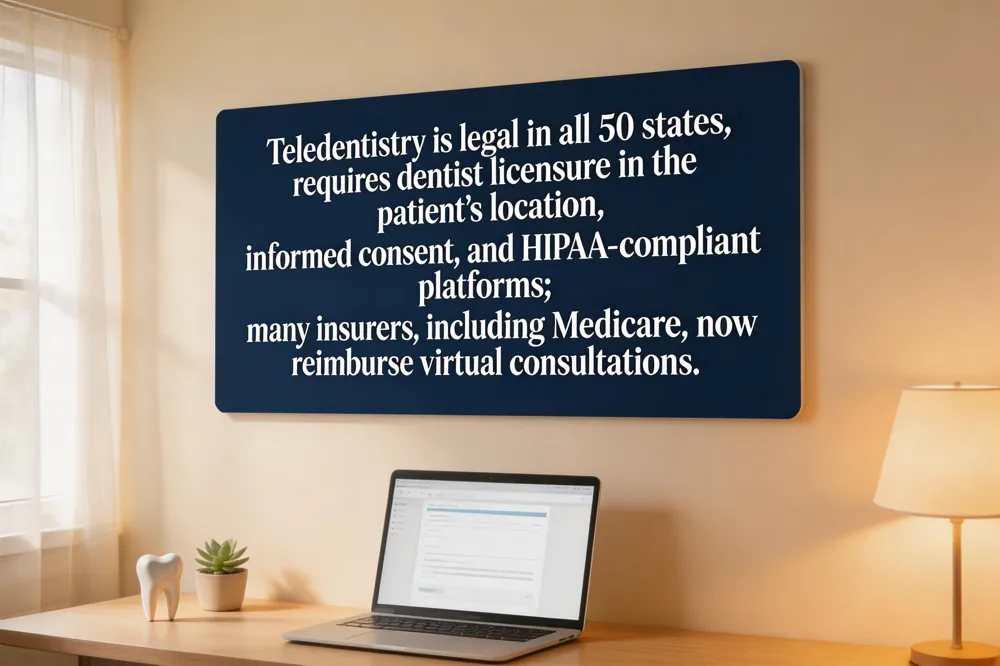 Teledentistry is legal in all 50 states, requires dentist licensure in the patient’s location, informed consent, and HIPAA‑compliant platforms; many insurers, including Medicare, now reimburse virtual consultations.