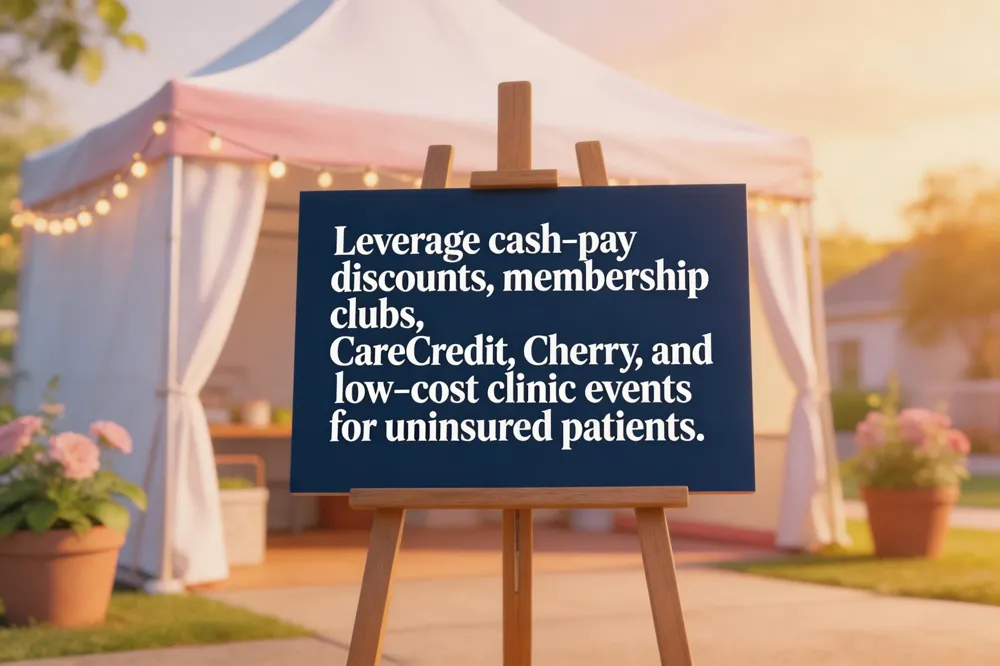 Leverage cash‑pay discounts, membership clubs, CareCredit, Cherry, and low‑cost clinic events for uninsured patients.