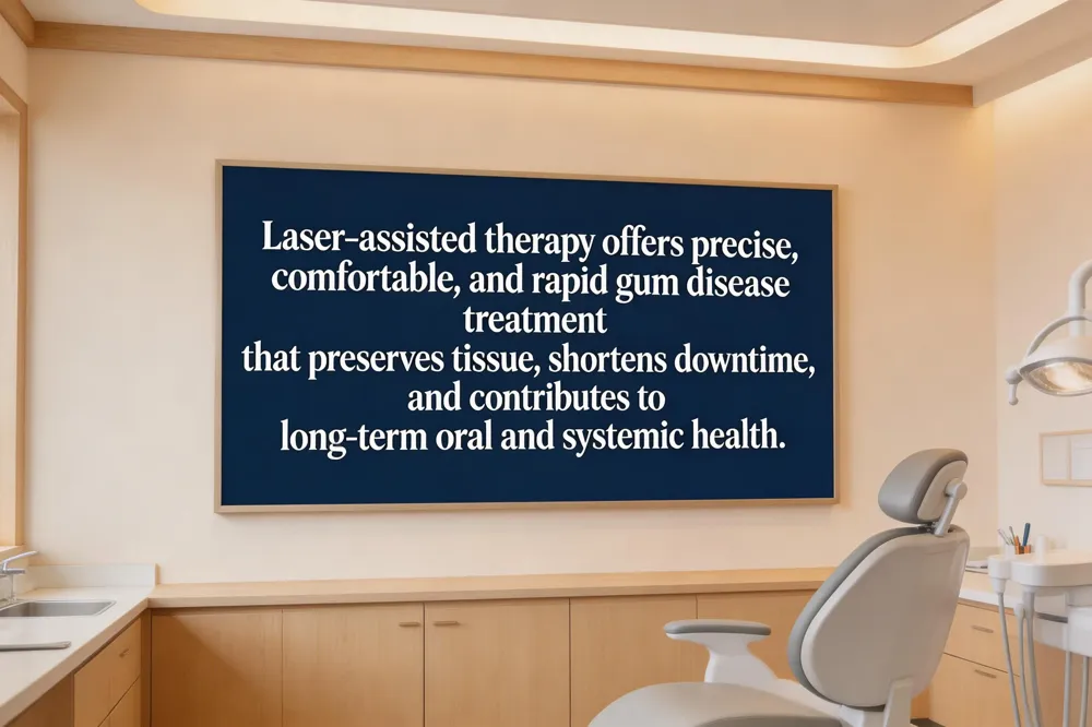 Laser‑assisted therapy offers precise, comfortable, and rapid gum disease treatment that preserves tissue, shortens downtime, and contributes to long‑term oral and systemic health.