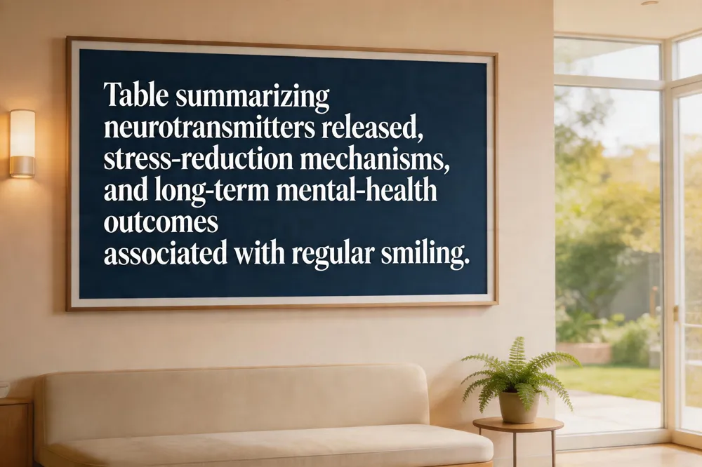 Table summarizing neurotransmitters released, stress‑reduction mechanisms, and long‑term mental‑health outcomes associated with regular smiling.