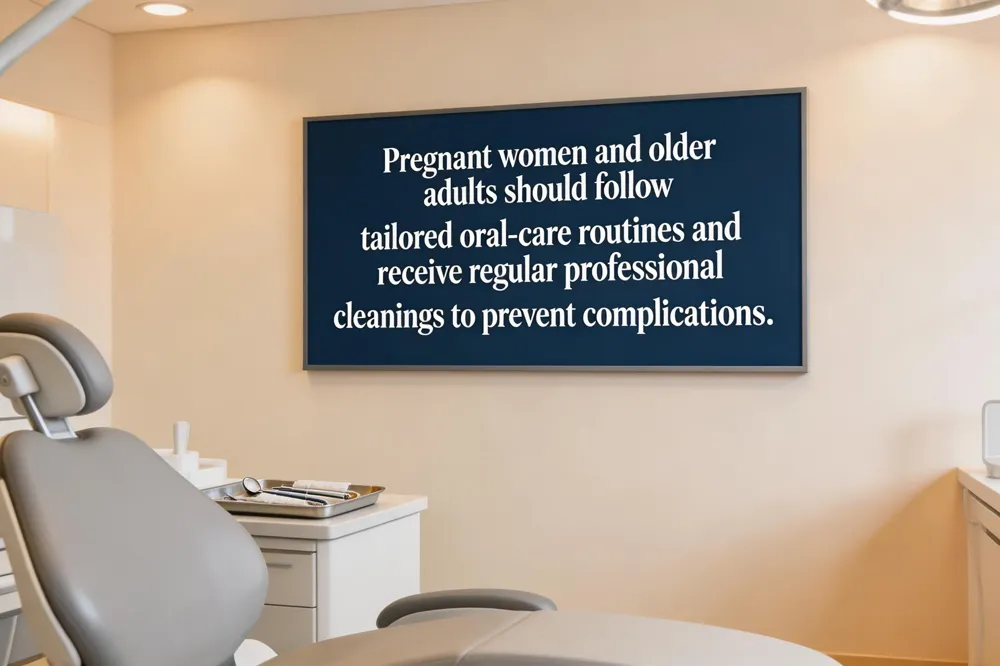 Pregnant women and older adults should follow tailored oral‑care routines and receive regular professional cleanings to prevent complications.