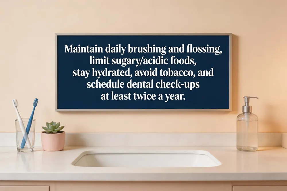 Maintain daily brushing and flossing, limit sugary/acidic foods, stay hydrated, avoid tobacco, and schedule dental check‑ups at least twice a year.