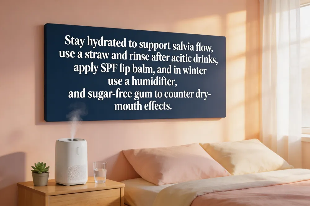 Stay hydrated to support saliva flow, use a straw and rinse after acidic drinks, apply SPF lip balm, and in winter use a humidifier and sugar‑free gum to counter dry‑mouth effects.