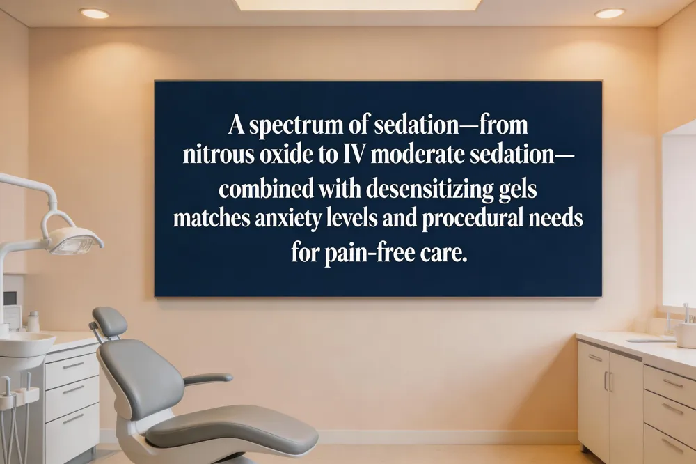 A spectrum of sedation—from nitrous oxide to IV moderate sedation—combined with desensitizing gels matches anxiety levels and procedural needs for pain‑free care.