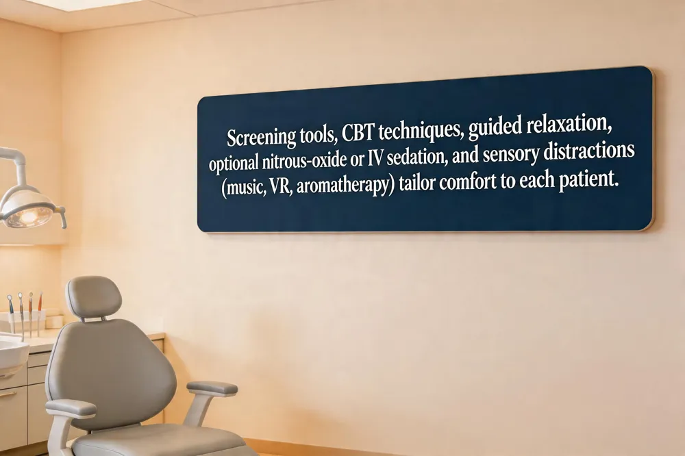 Screening tools, CBT techniques, guided relaxation, optional nitrous‑oxide or IV sedation, and sensory distractions (music, VR, aromatherapy) tailor comfort to each patient.