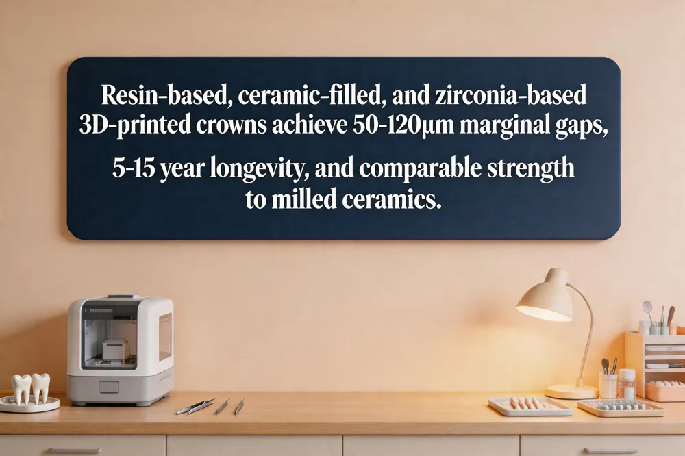 Resin‑based, ceramic‑filled, and zirconia‑based 3D‑printed crowns achieve 50‑120 µm marginal gaps, 5‑15 year longevity, and comparable strength to milled ceramics.