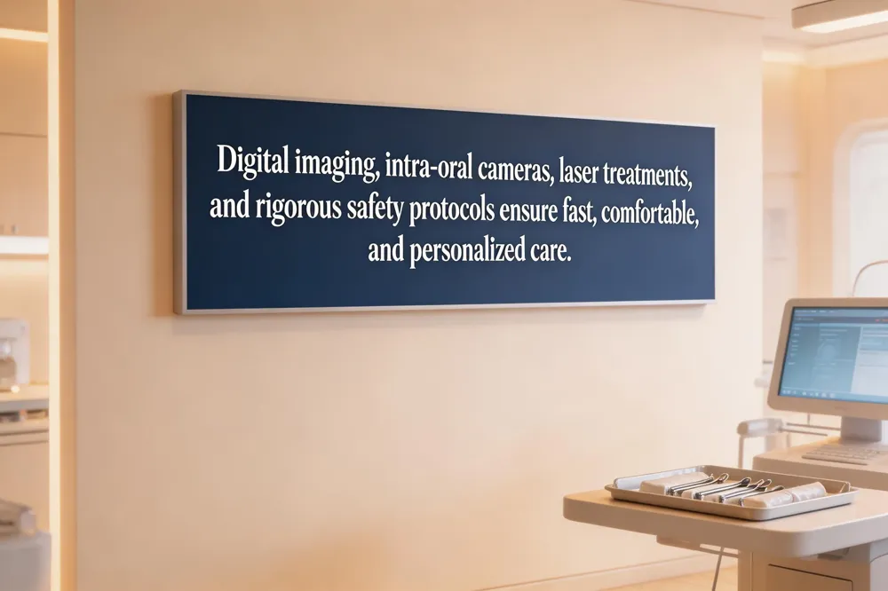 Digital imaging, intra‑oral cameras, laser treatments, and rigorous safety protocols ensure fast, comfortable, and personalized care.