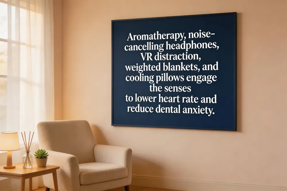 Aromatherapy, noise‑cancelling headphones, VR distraction, weighted blankets, and cooling pillows engage the senses to lower heart rate and reduce dental anxiety.