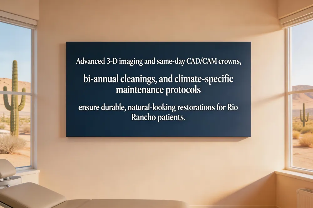 Advanced 3‑D imaging and same‑day CAD/CAM crowns, bi‑annual cleanings, and climate‑specific maintenance protocols ensure durable, natural‑looking restorations for Rio Rancho patients.