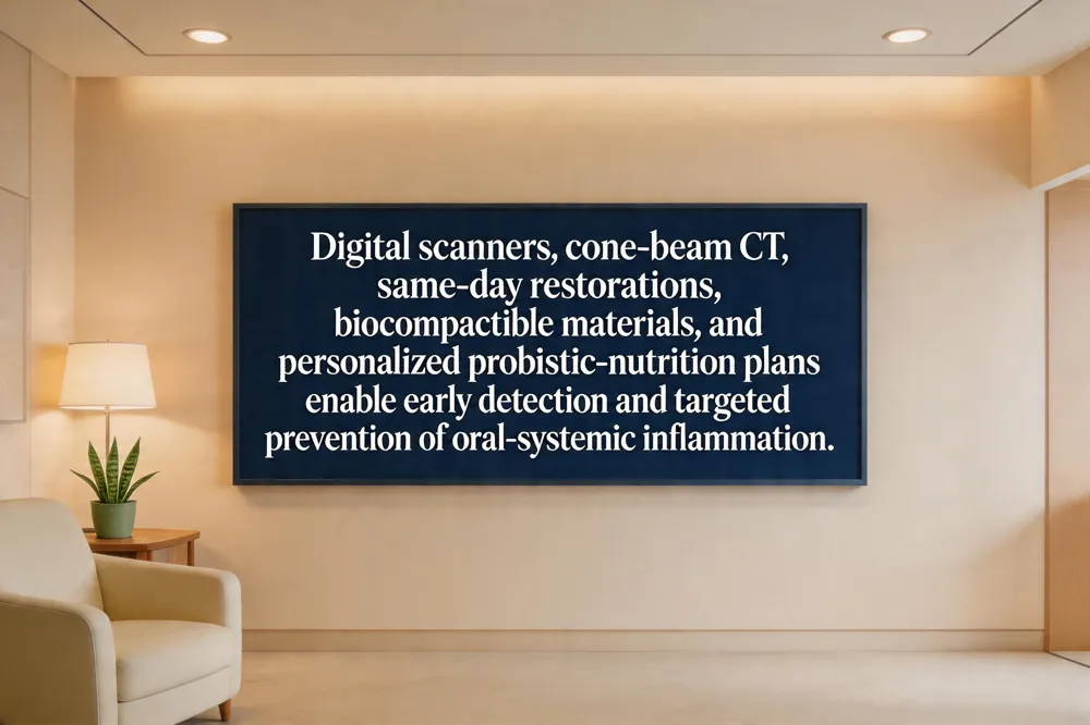Digital scanners, cone‑beam CT, same‑day restorations, biocompatible materials, and personalized probiotic‑nutrition plans enable early detection and targeted prevention of oral‑systemic inflammation.